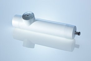 A cylindrical white mechanical device with a small dial on top and an attachment on one end, placed against a light blue background.
